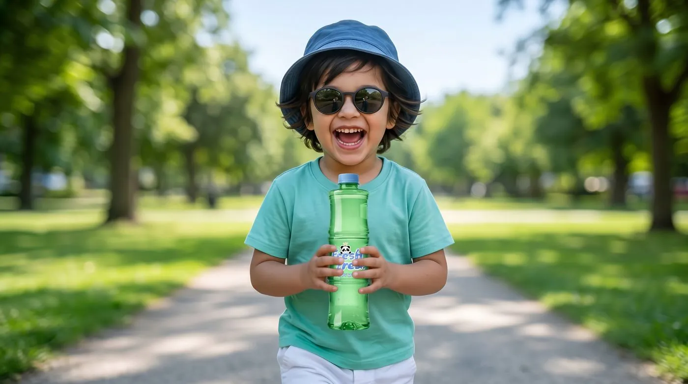 boy running outdoors holding a FRESH N FRESH water bottle