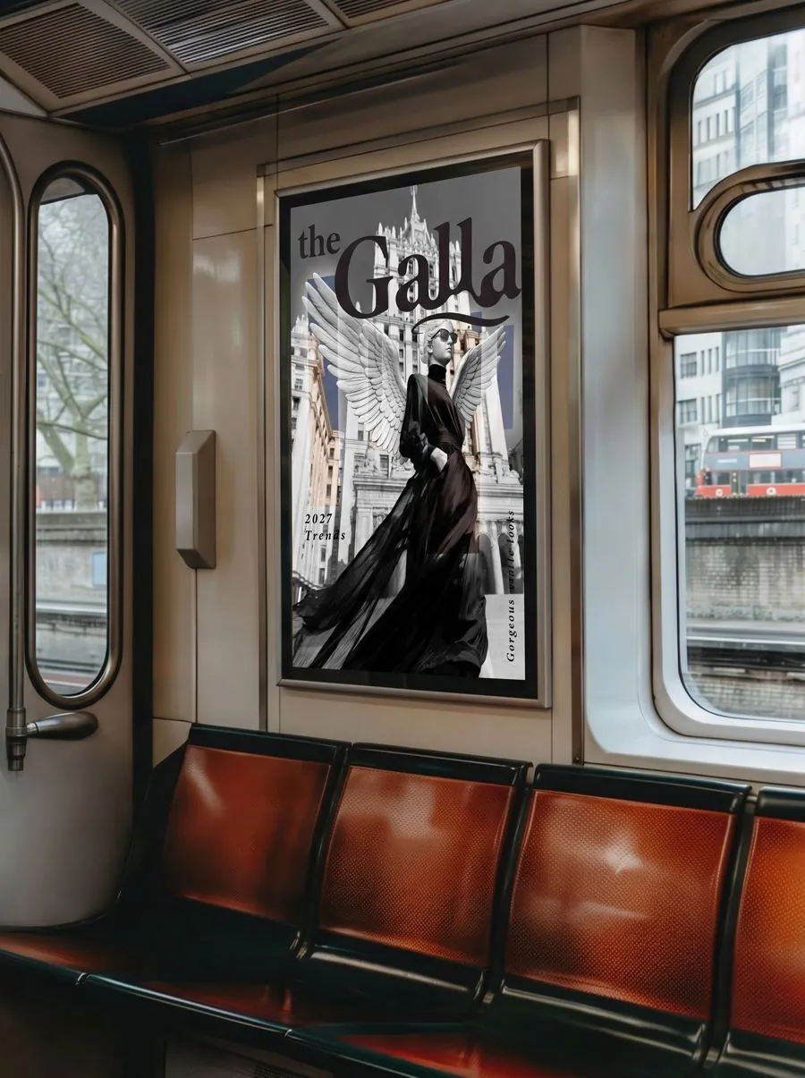 the Galla poster inside a train car