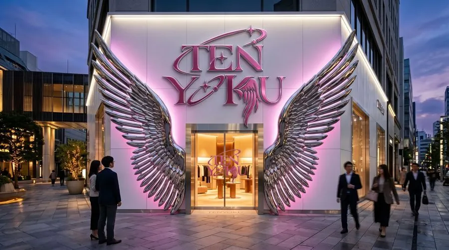 TENYOKU storefront with chrome angel wings