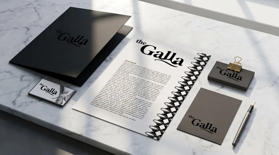 the Galla branded stationery on marble