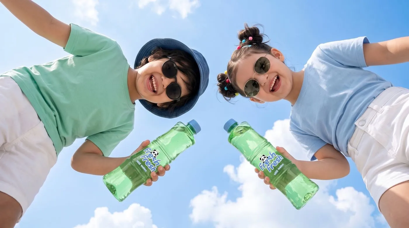 children holding FRESH N FRESH water bottles