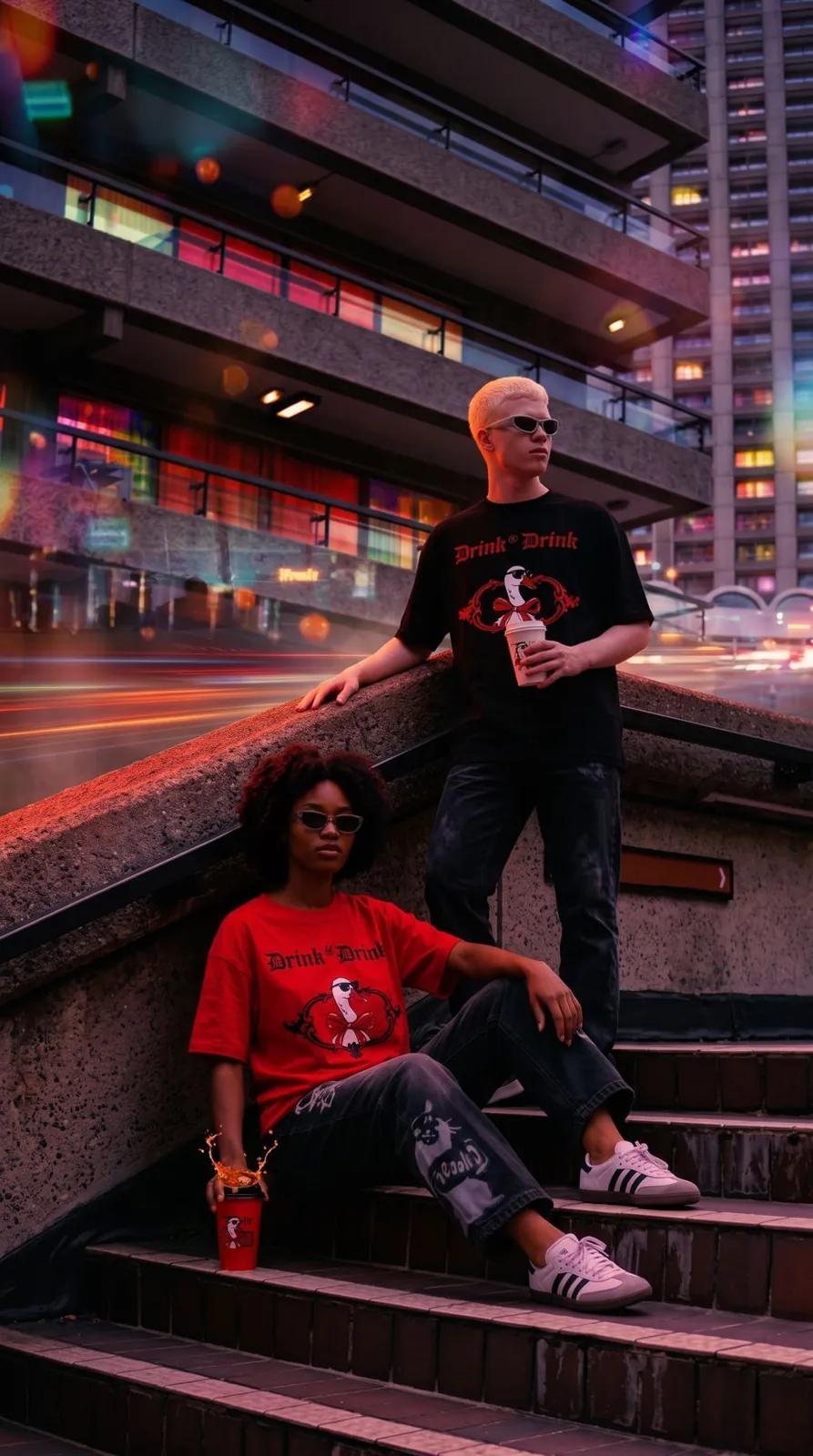 two people wearing Drink th' Drink t-shirts