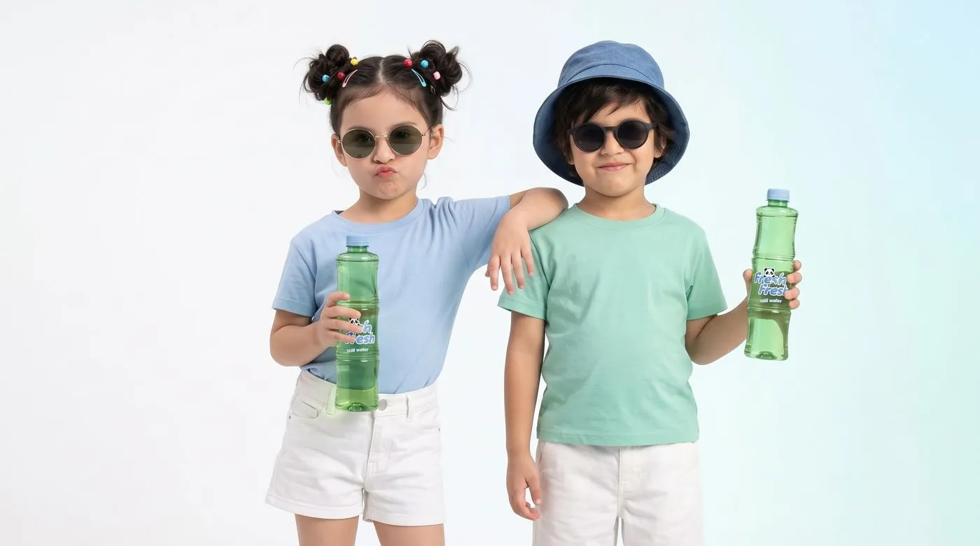 children holding FRESH N FRESH water bottles, alternate angle