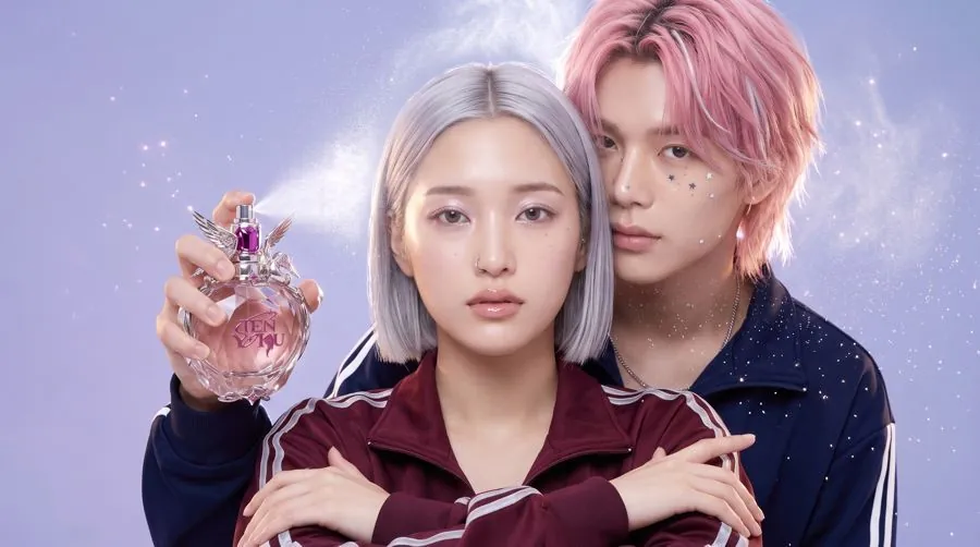 two models with TENYOKU perfume bottle