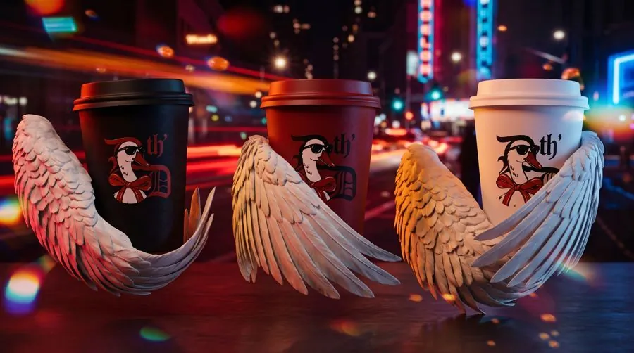 goose mascot pouring coffee, wings spread